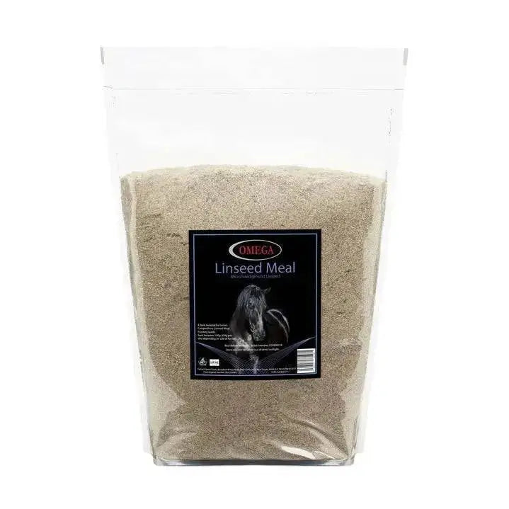 A 3kg transparent resealable bag of brown omega equine linseed meal with a black and white equine brand sticker for horse feed bucket