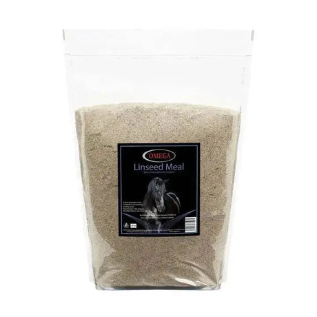 A 3kg transparent resealable bag of brown omega equine linseed meal with a black and white equine brand sticker for horse feed bucket