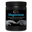 Black plastic container of omega equine magnesium muscle function support supplement with blue label and two horses images