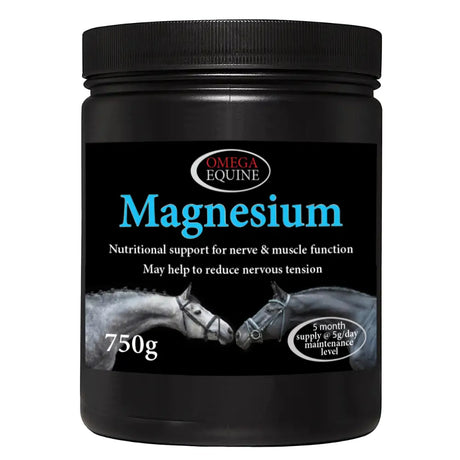 Black plastic container of omega equine magnesium muscle function support supplement with blue label and two horses images
