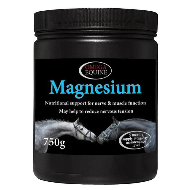 Black plastic container of omega equine magnesium muscle function support supplement with blue label and two horses images