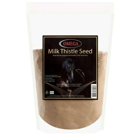 A 1kg bag of omega equine milk thistle seed with a black label white text and a horse image for pancreas support