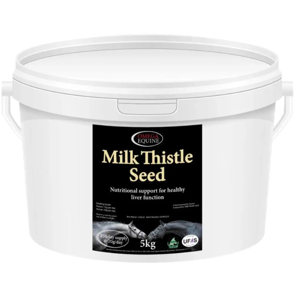 White plastic bucket with black label and gold text for omega equine equine milk thistle 5kg liver support supplement