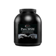 Black plastic container of omega equine msm methyl sulphonyl methane for equine joint support 3.6kg with two horses