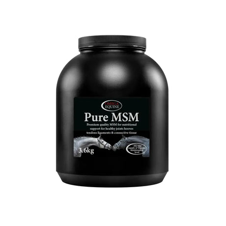Black plastic container of omega equine msm methyl sulphonyl methane for equine joint support 3.6kg with two horses