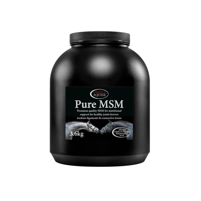 Black plastic container of omega equine msm methyl sulphonyl methane for equine joint support 3.6kg with two horses