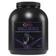 Black plastic container of omega equine muscle supplement 1.98kg with purple label featuring a horse and whey protein concentrate