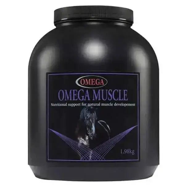 Black plastic container of omega equine muscle supplement 1.98kg with purple label featuring a horse and whey protein concentrate