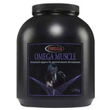 Black plastic container of omega equine muscle supplement 1.98kg with purple label featuring a horse and whey protein concentrate