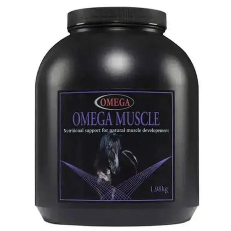 Black plastic container of omega equine muscle supplement 1.98kg with purple label featuring a horse and whey protein concentrate