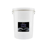 White plastic bucket of omega equine muscle supplement with black label showing horse legs and 11.88kg whey protein concentrate
