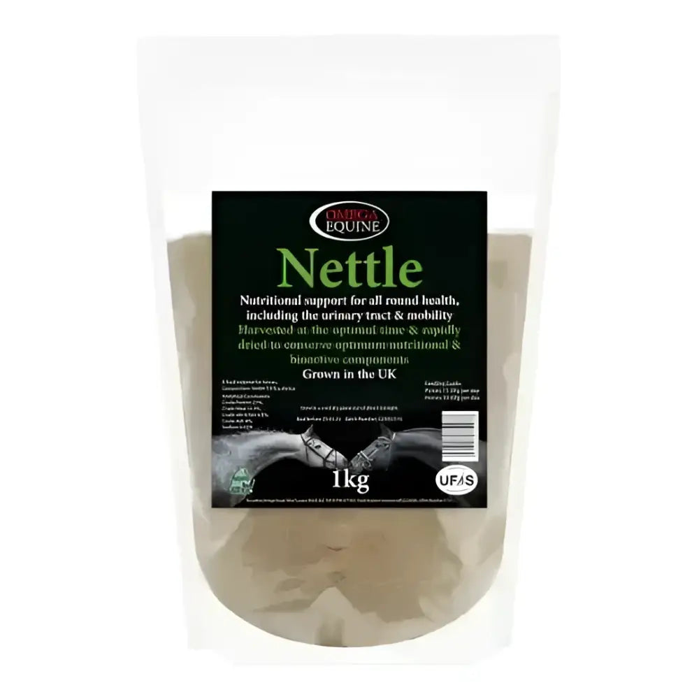 A 1kg clear resealable pouch of omega equine nettle leaves nettle powder with black label and horse hoof image