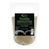 A 1kg clear resealable pouch of omega equine nettle leaves nettle powder with black label and horse hoof image