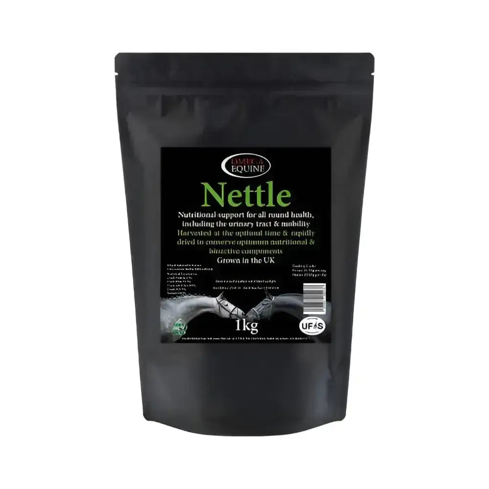 Black resealable pouch of omega equine nettle 1kg nutritional supplement with equine nettle leaves for circulatory systems nettles