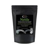 Black resealable pouch of omega equine nettle 1kg nutritional supplement with equine nettle leaves for circulatory systems nettles