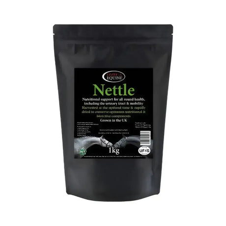 Black resealable pouch of omega equine nettle 1kg nutritional supplement with equine nettle leaves for circulatory systems nettles