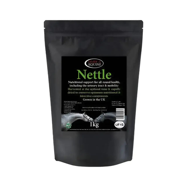Black resealable pouch of omega equine nettle 1kg nutritional supplement with equine nettle leaves for circulatory systems nettles