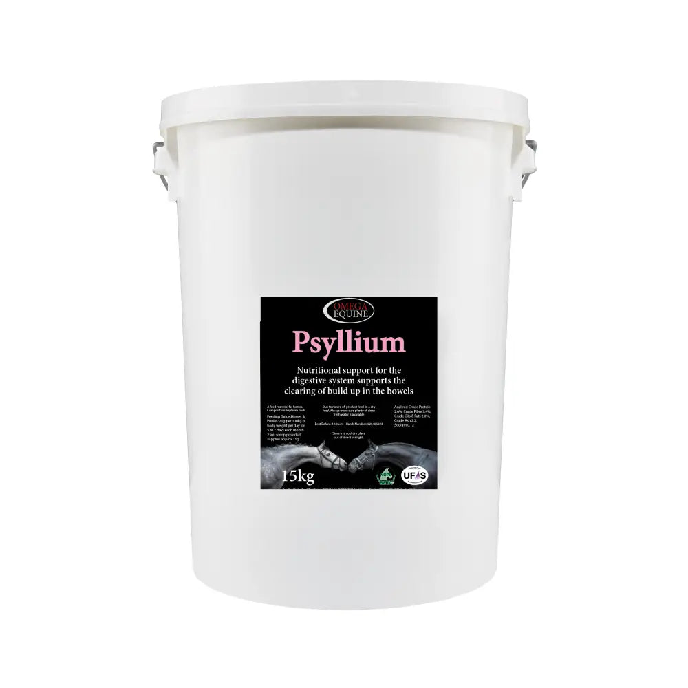 White plastic bucket of omega equine psyllium with 15kg of plantago ovata plant digestive support supplement