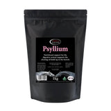 Black resealable pouch of omega equine psyllium 1kg dietary supplement made from plantago ovata plant for horses