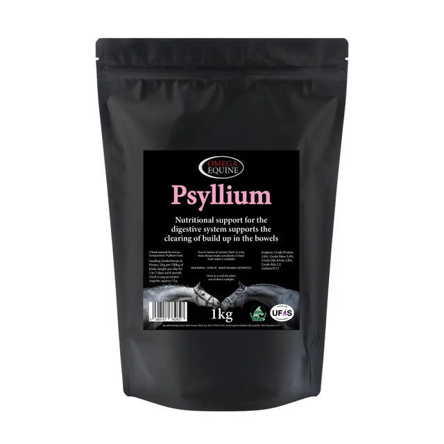 Black resealable pouch of omega equine psyllium 1kg dietary supplement made from plantago ovata plant for horses