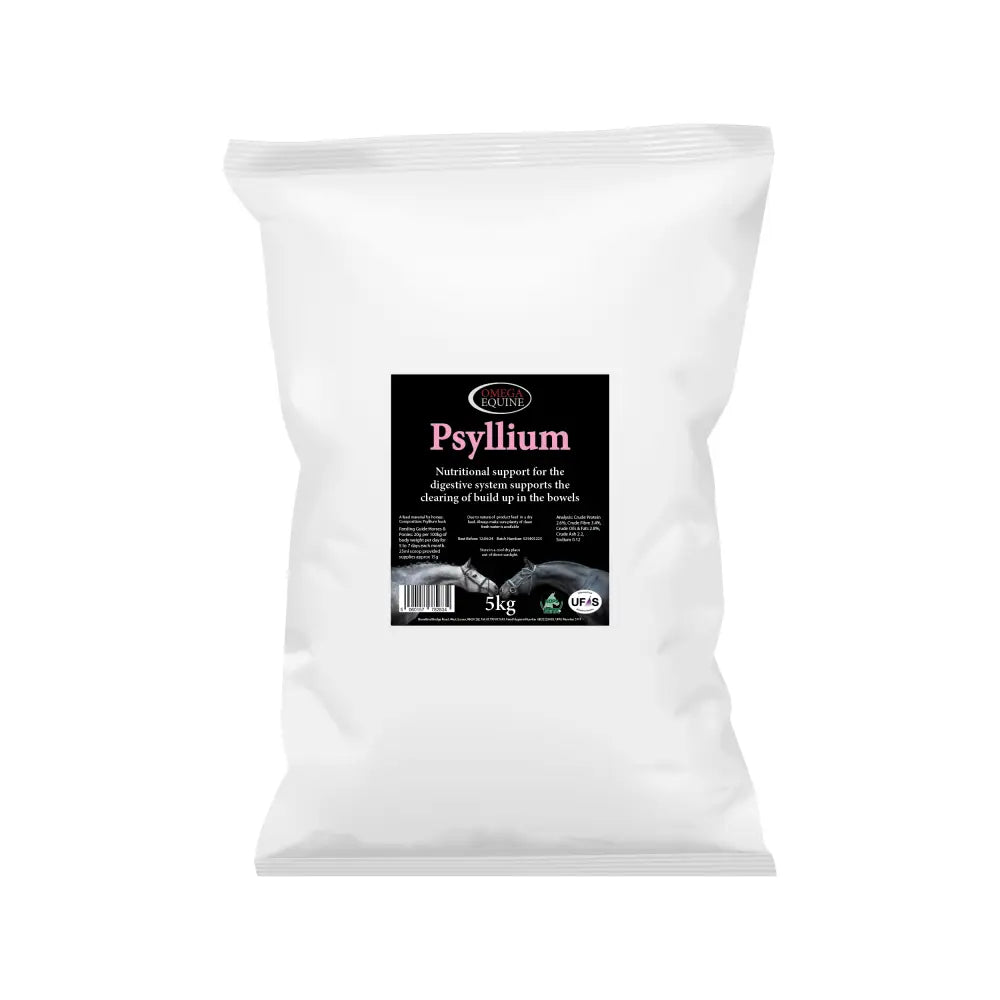 A white resealable 5kg bag of omega equine psyllium powder from dairy equine for digestive support in horses