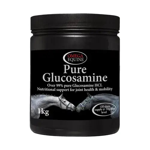 Black cylindrical container of omega equine pure glucosamine hcl 1kg for healthy cartilage production in horses