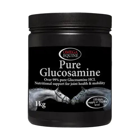 Black cylindrical container of omega equine pure glucosamine hcl 1kg for healthy cartilage production in horses