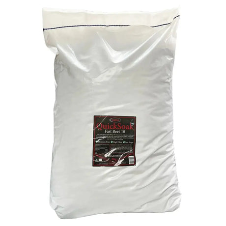 A white plastic bag of omega quick soak sugar beet pulp unmolassed with a dark red label showing quicksoak fast beet 10