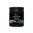 Black plastic jar with black ribbed lid labeled omega equine respirair boost uniquely designed equine supplement