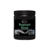 Black plastic jar with black ribbed lid labeled omega equine respirair boost uniquely designed equine supplement