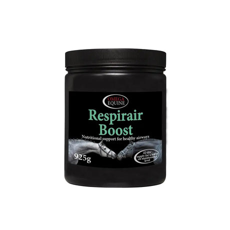 Black plastic jar with black ribbed lid labeled omega equine respirair boost uniquely designed equine supplement