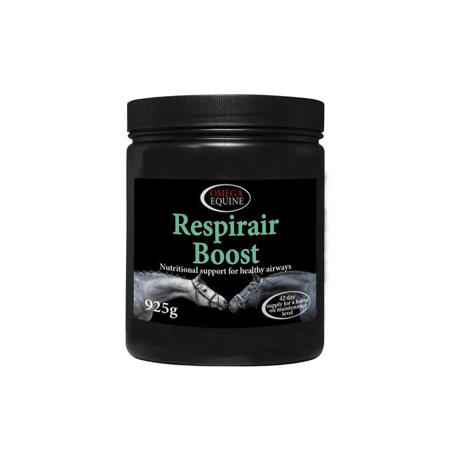 Black plastic jar with black ribbed lid labeled omega equine respirair boost uniquely designed equine supplement