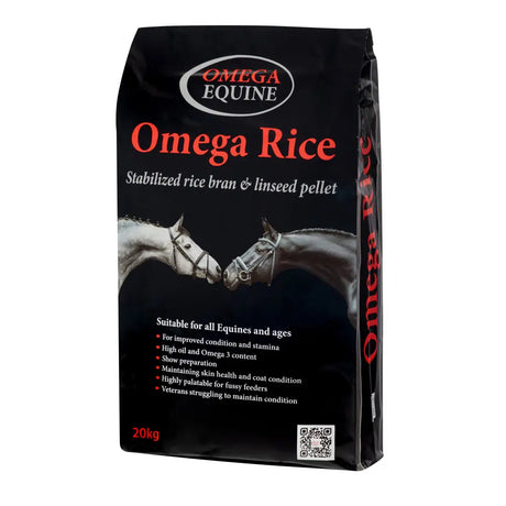 Black bag of omega equine rice stabilised rice bran and linseed pellet feed for horses front side shown