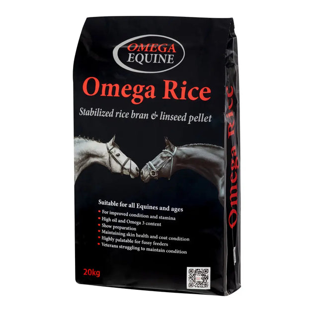Black bag of omega equine rice stabilised rice bran and linseed pellet feed for horses front side shown