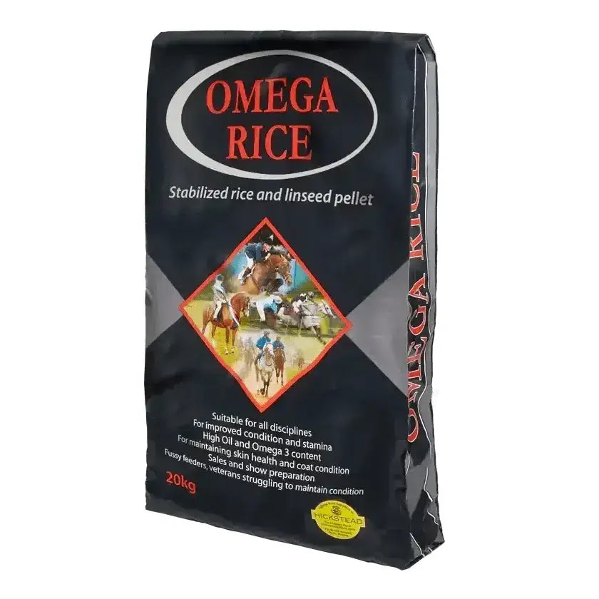 Black bag of omega equine rice with stabilised rice bran and linseed pellet feed for horses