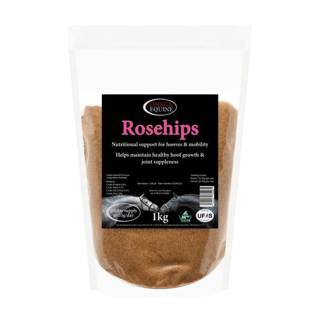 A 1kg bag of omega equine rosehips brown powdered sweet-smelling supplement for horses hoof health