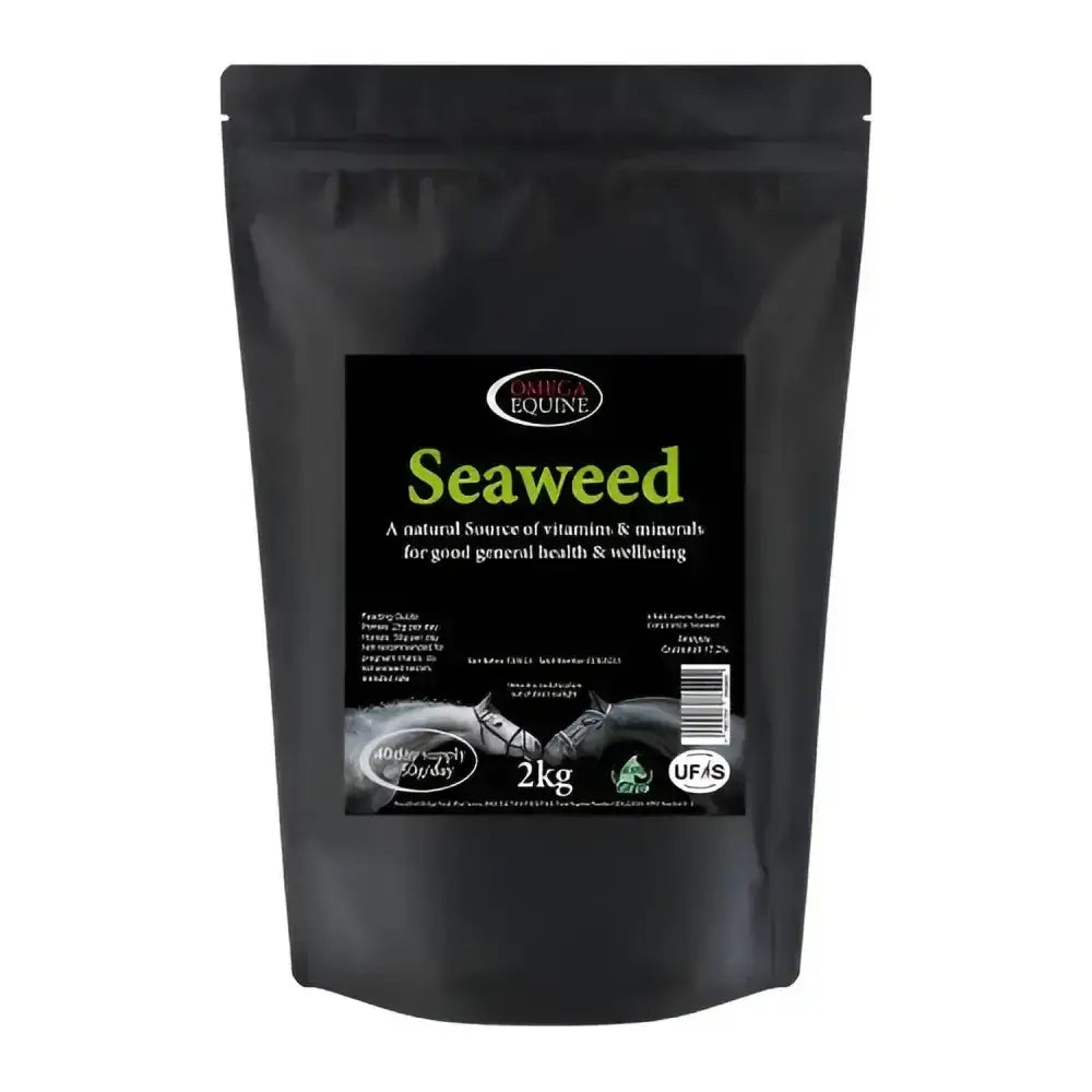 Black resealable pouch of omega equine seaweed 2kg natural nutrients seaweed all-round super-supplement packed for horses