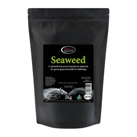 Black resealable pouch of omega equine seaweed 2kg natural nutrients seaweed all-round super-supplement packed for horses