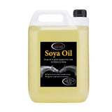 A white plastic jug with black cap filled with pale yellow omega equine soya oil that promotes excellent skin health