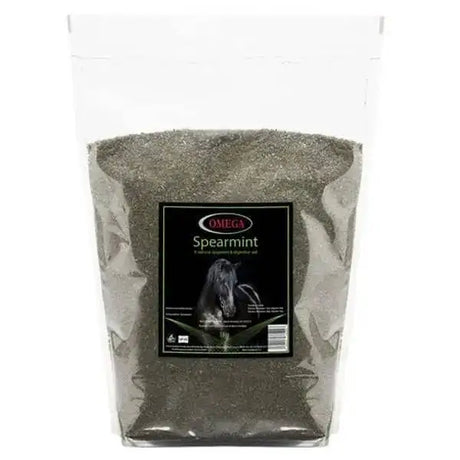 A 1kg transparent bag of omega equine spearmint leaf with a black label featuring green and white text natural feed appetiser