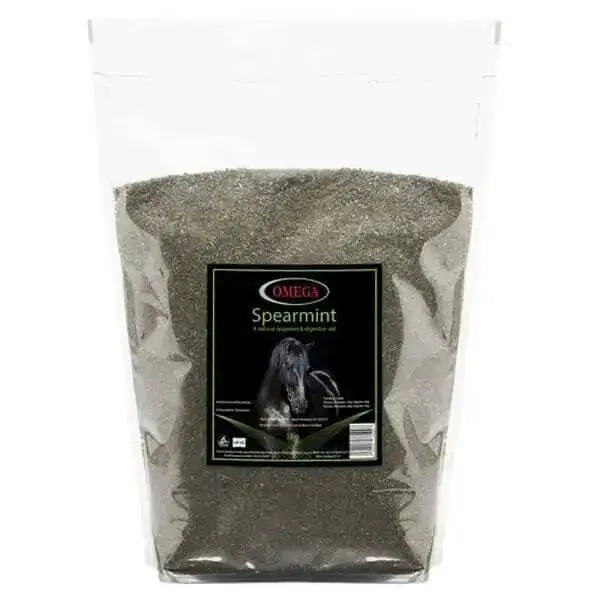 A 1kg transparent bag of omega equine spearmint leaf with a black label featuring green and white text natural feed appetiser