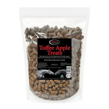 A 4kg bag of omega equine toffee apple horse treats with chunky brown toffee flavored equine toffee inside a clear pouch
