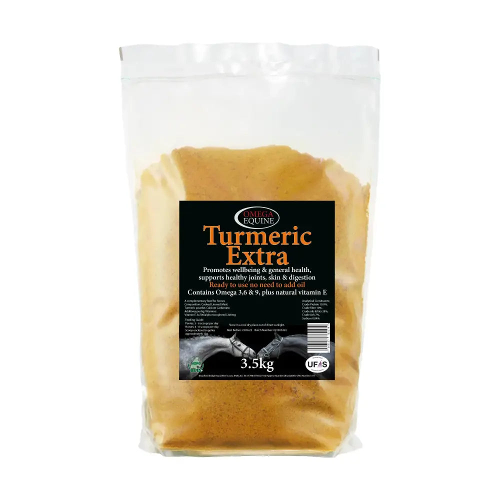 A 3.5kg bag of omega equine turmeric extra golden yellow powder in a clear pouch with black label for horse health