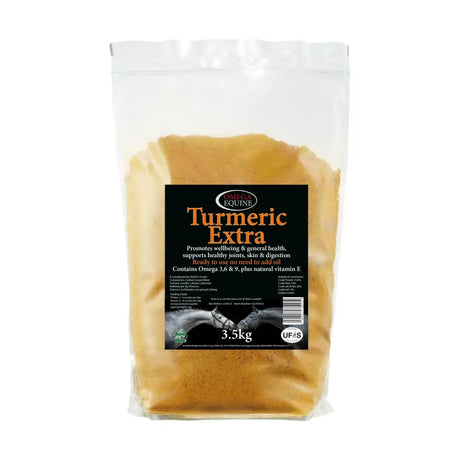 A 3.5kg clear pouch of omega equine turmeric extra golden-yellow powder horse health supplement with black label