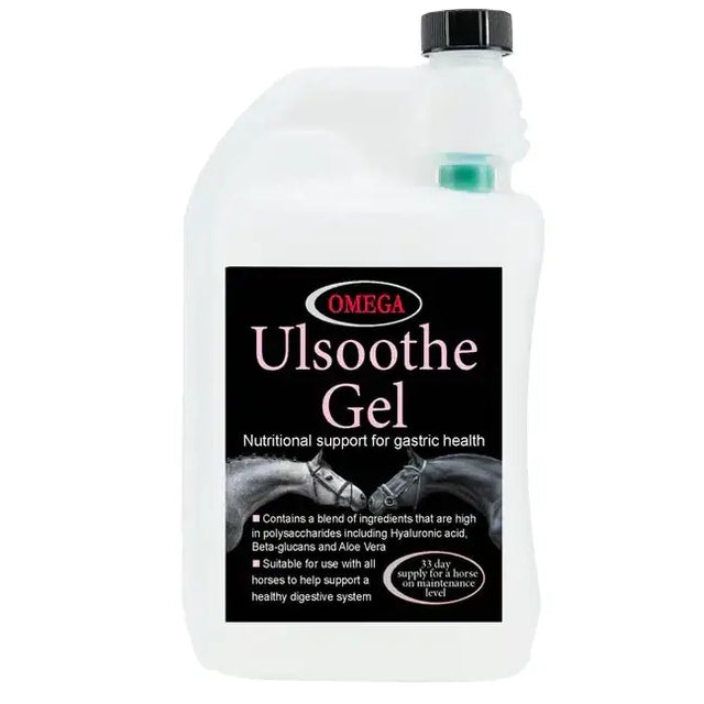 White plastic bottle of omega equine ulsoothe gel nutritional supplement naturally supporting gastric health in horses