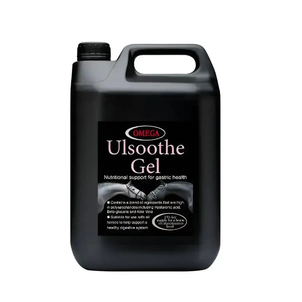Black plastic jug of omega equine ulsoothe gel nutritional supplement naturally supporting gastric health in horses