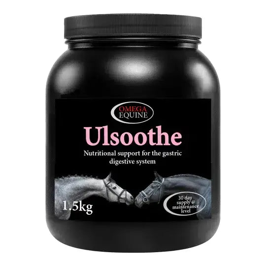 Black plastic jar of omega equine ulsoothe 1.5kg supplement naturally supporting gastric health in horses