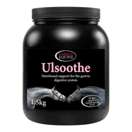 Black plastic jar of omega equine ulsoothe 1.5kg supplement naturally supporting gastric health in horses