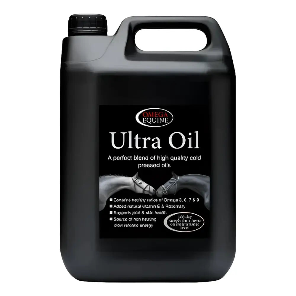 Black plastic jug of omega equine ultra sea buckthorn oil with a handle and cap for equine ultra oil care