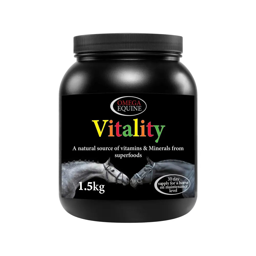 Black plastic jar with black lid labeled omega equine vitality featuring sea buckthorn for optimum equine health